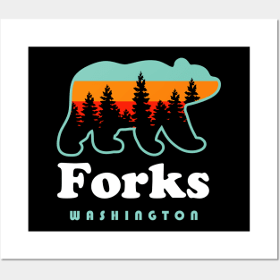 Forks Washington Mountains Retro Bear Vacation Posters and Art